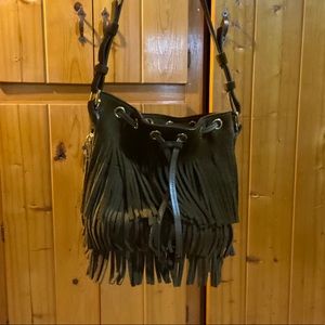 YSL suede bucket bag, brown with gold hardware